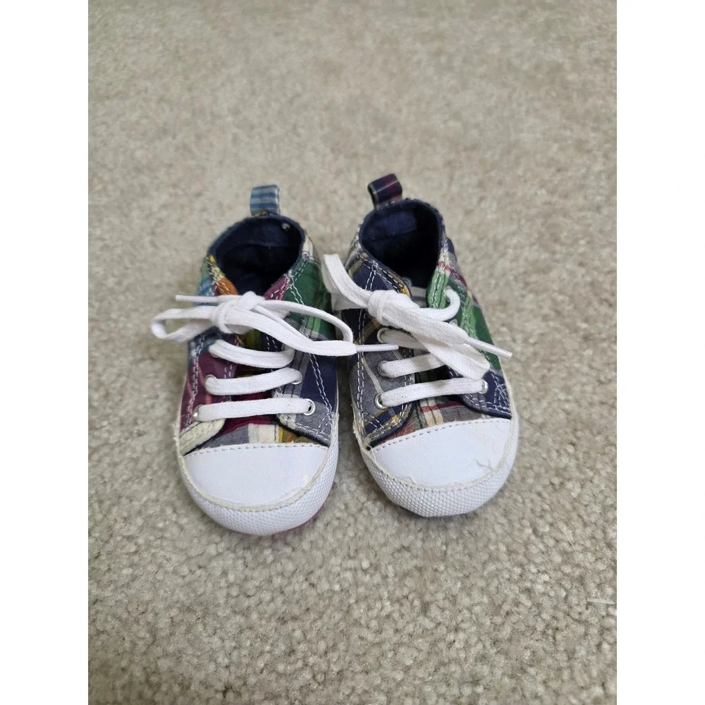 Polo Ralph Lauren Infant Plaid Soft Sole Crib Shoes Multi Color Sneakers Size 2
